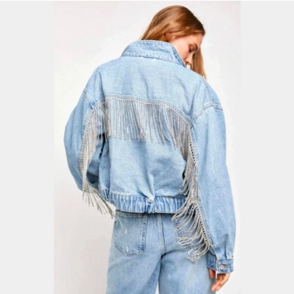Free People Rhinestone Fringe Denim Bomber Jacket Meteor Wash XL - Picture 1 of 10